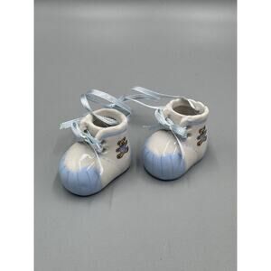 Porcelain Baby Shoe Blue White W/ Teddy Bear On Side Set Of 2 Shoes